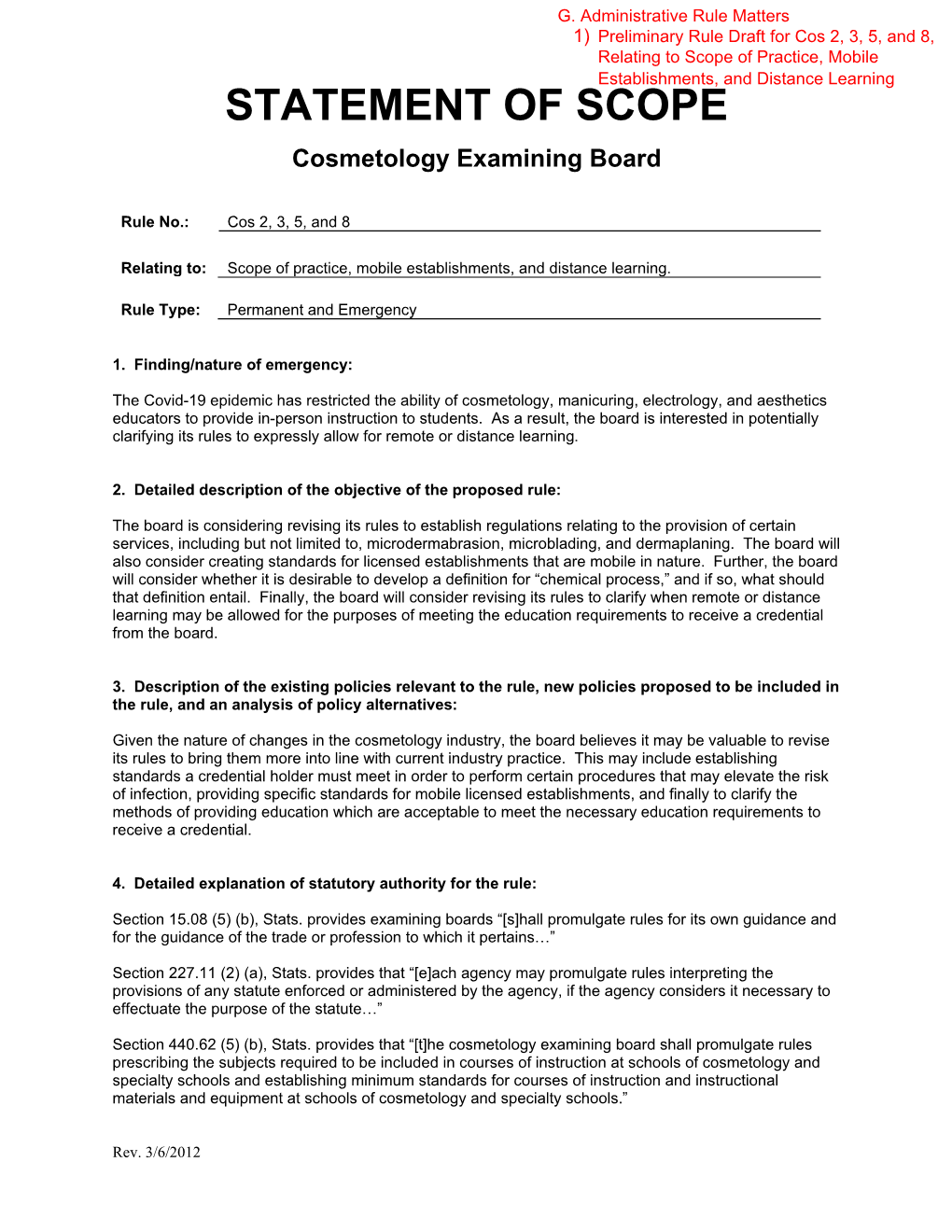 STATEMENT of SCOPE Cosmetology Examining Board