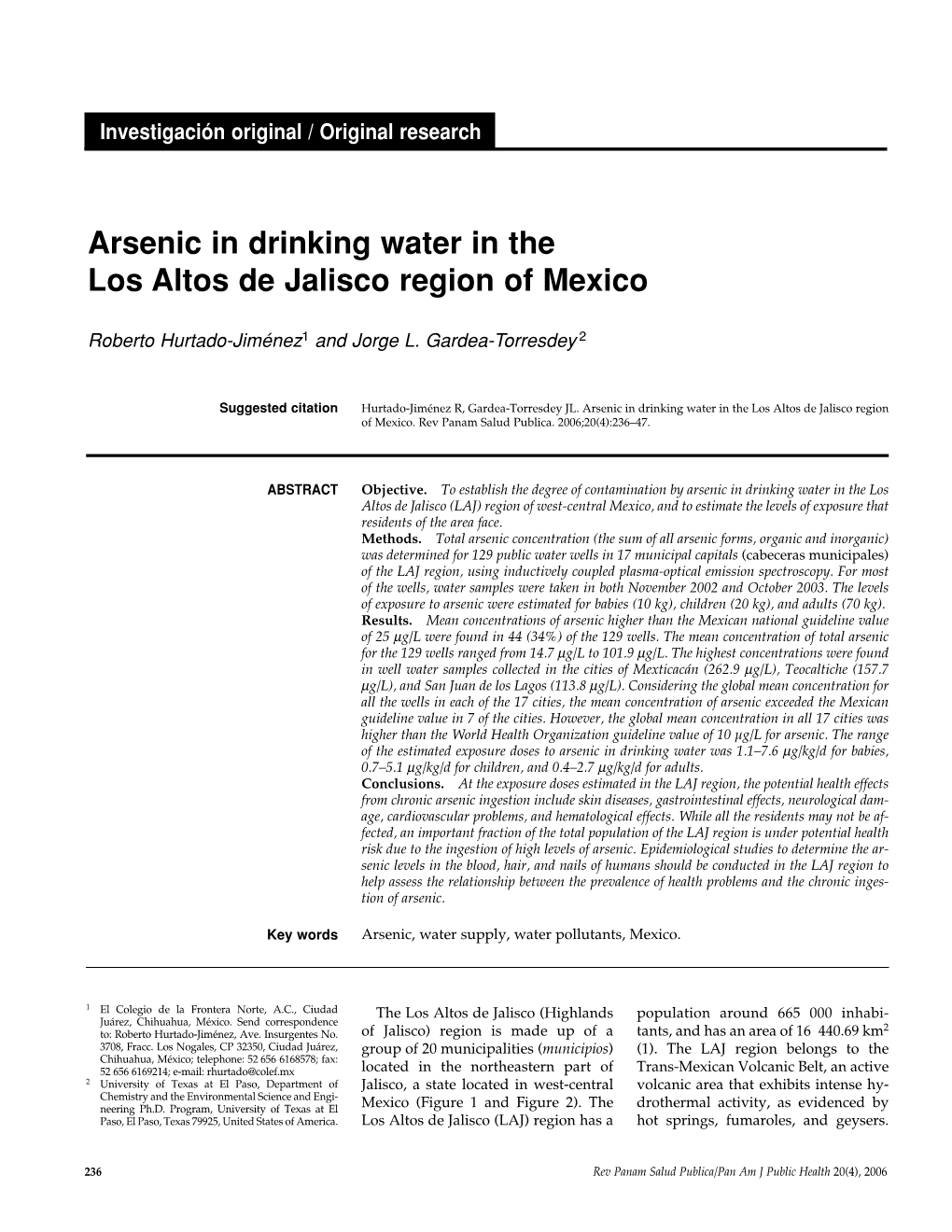 Arsenic in Drinking Water in the Los Altos De Jalisco Region of Mexico