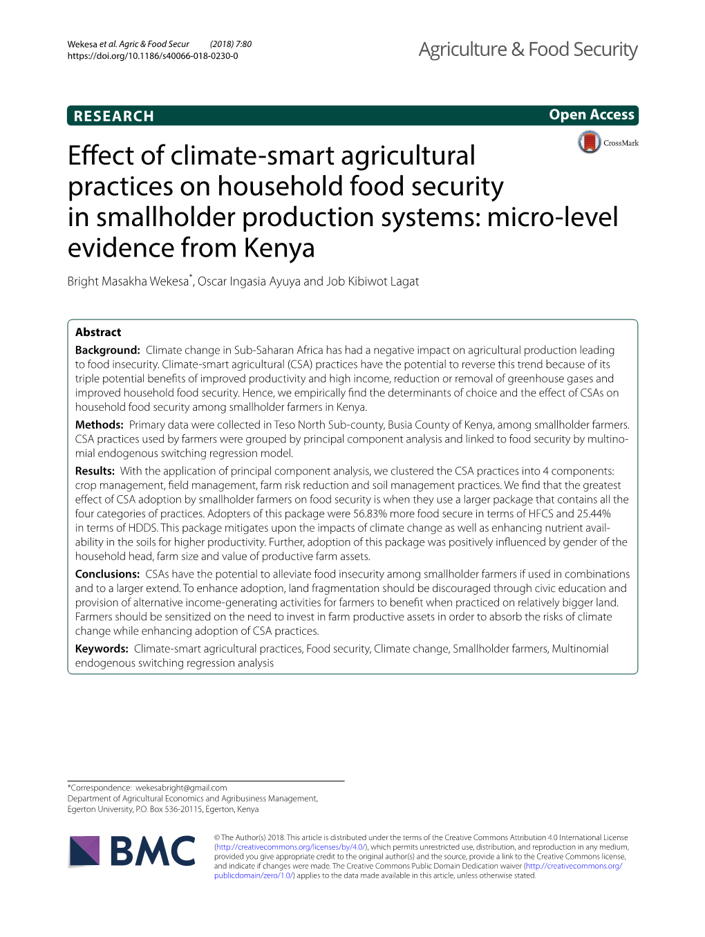 Effect of Climate-Smart Agricultural Practices on Household Food Security in Smallholder Production Systems: Micro-Level Evidenc