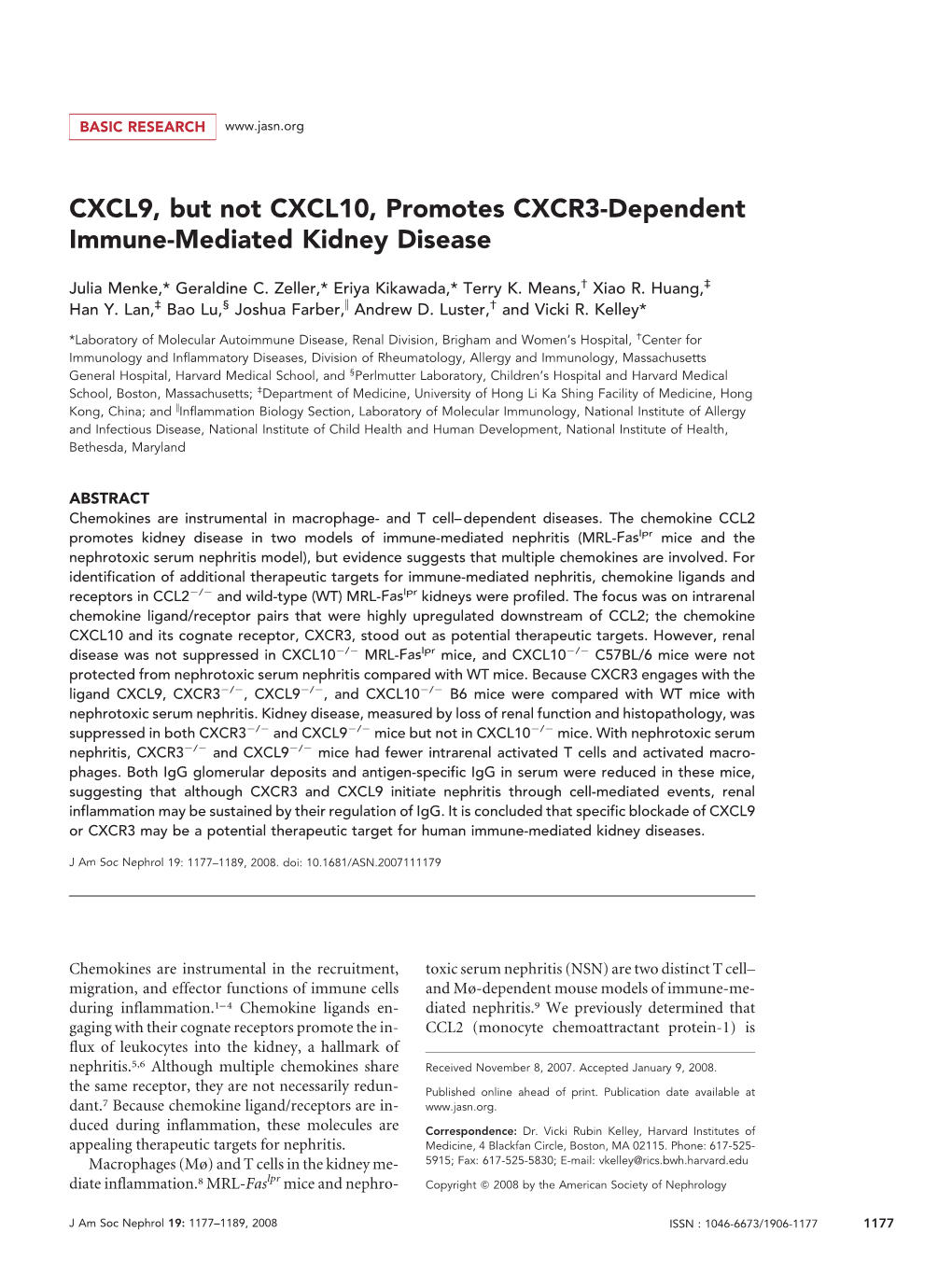 CXCL9, but Not CXCL10, Promotes CXCR3-Dependent Immune-Mediated Kidney Disease