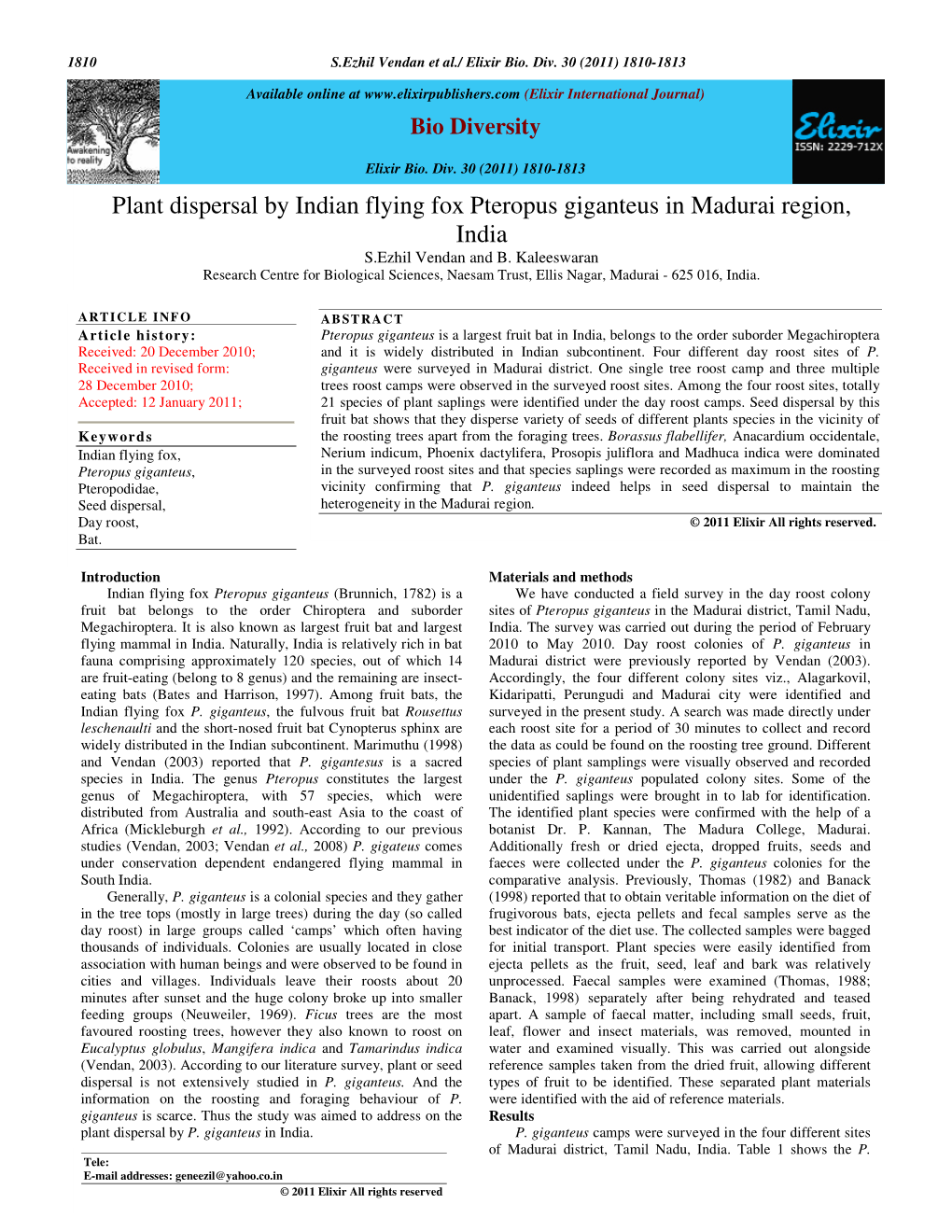 Plant Dispersal by Indian Flying Fox Pteropus Giganteus in Madurai Region