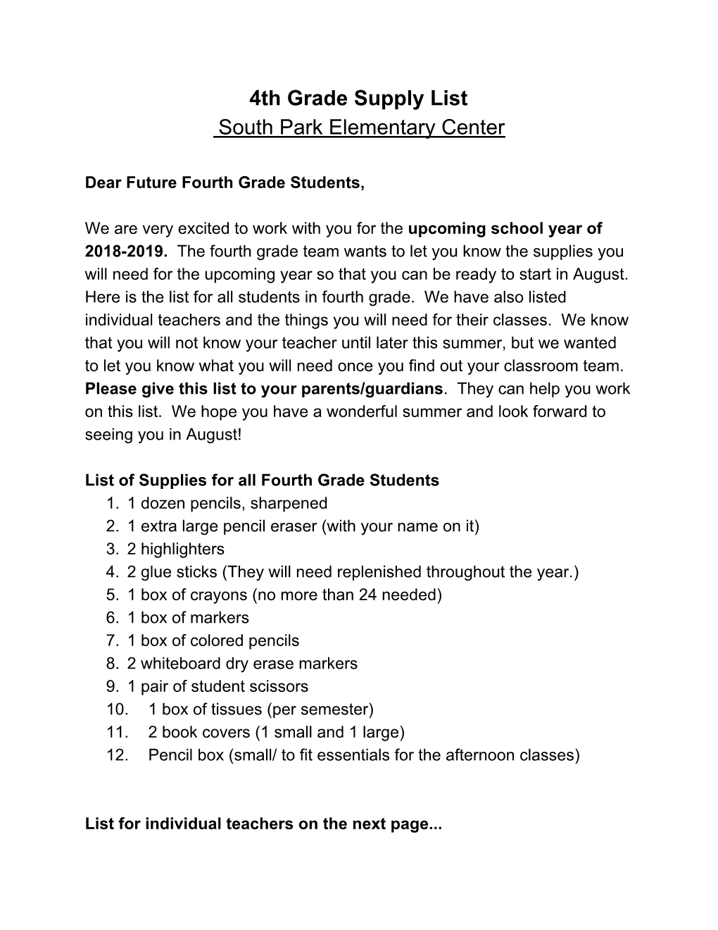 4Th Grade Supply List South Park Elementary Center