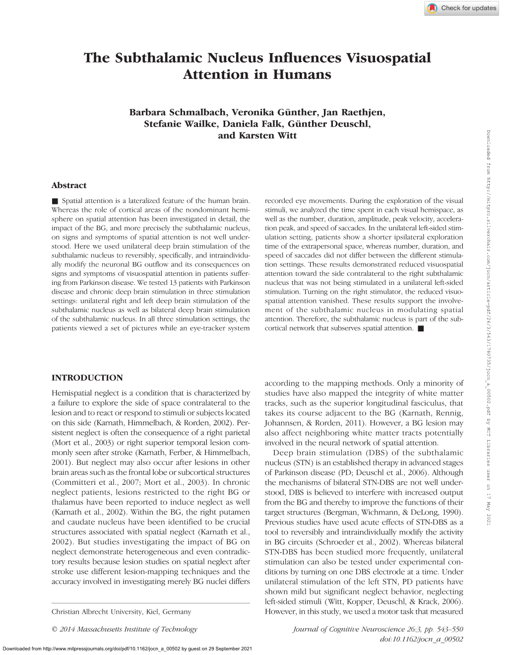 The Subthalamic Nucleus Influences Visuospatial Attention in Humans