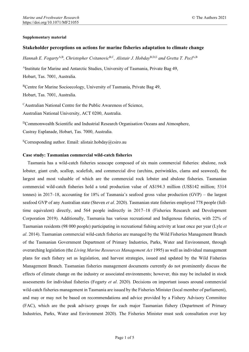 Stakeholder Perceptions on Actions for Marine Fisheries Adaptation to Climate Change