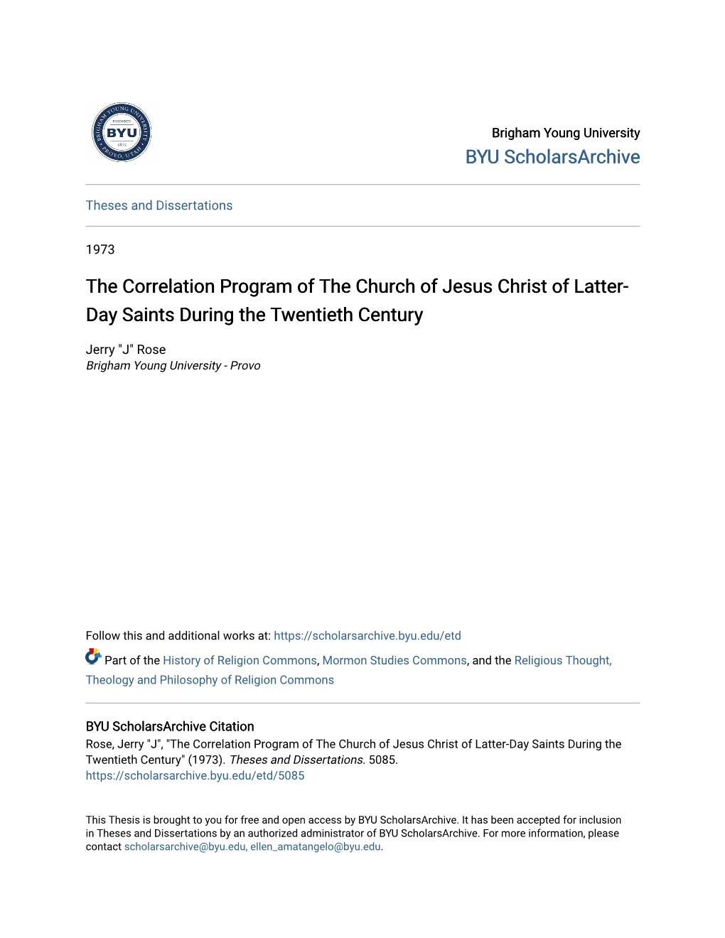 The Correlation Program of the Church of Jesus Christ of Latter-Day Saints During the Twentieth Century" (1973)