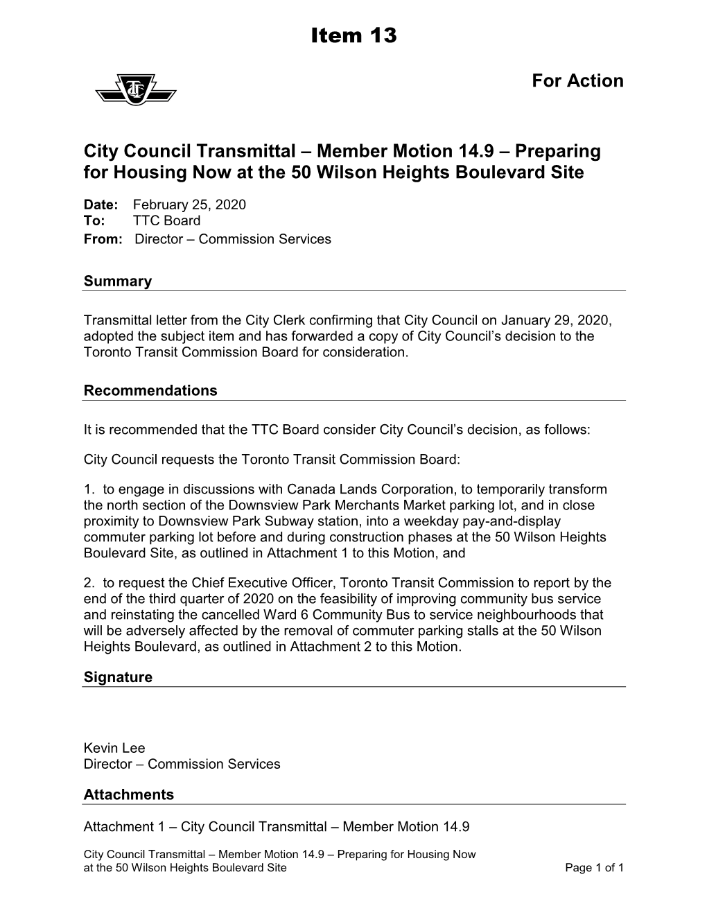 City Council Transmittal – Member Motion 14.9: Preparing for Housing Now at the 50 Wilson Heights Boulevard