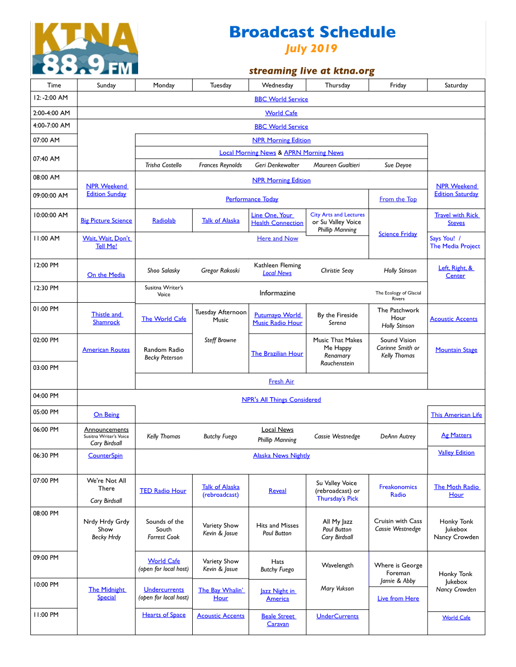 Broadcast Schedule July 2019