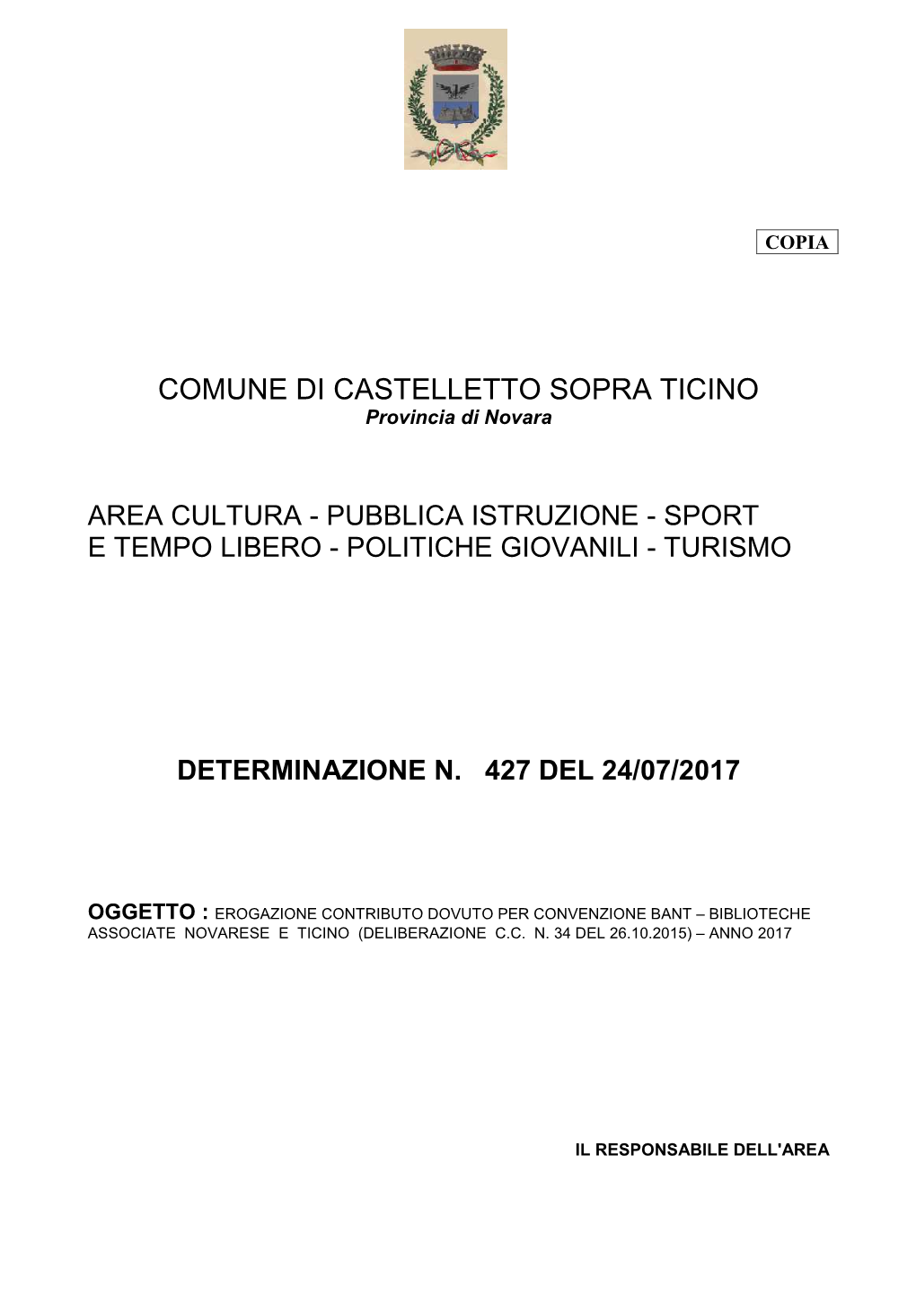 COMUNE DI CASTELLETTO SOPRA TICINO Provincia Di Novara