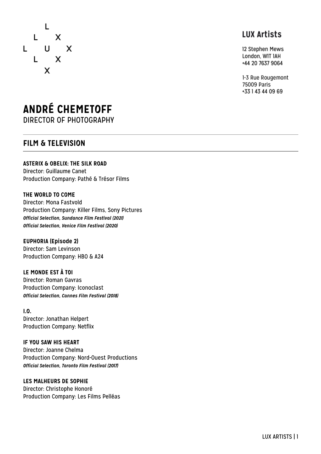 André Chemetoff Director of Photography