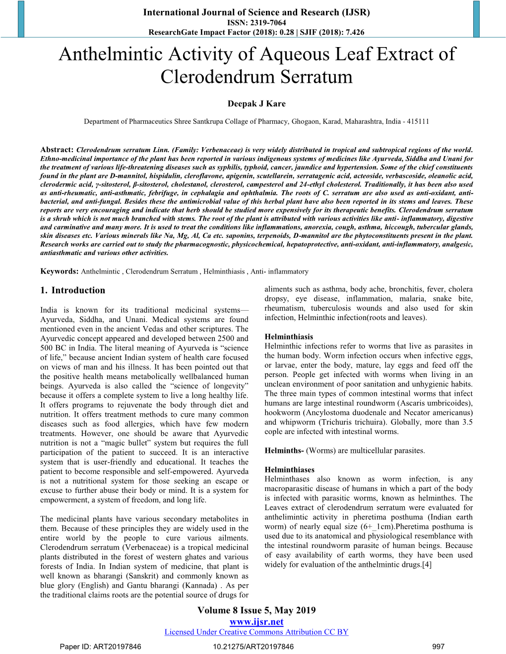 Anthelmintic Activity of Aqueous Leaf Extract of Clerodendrum Serratum