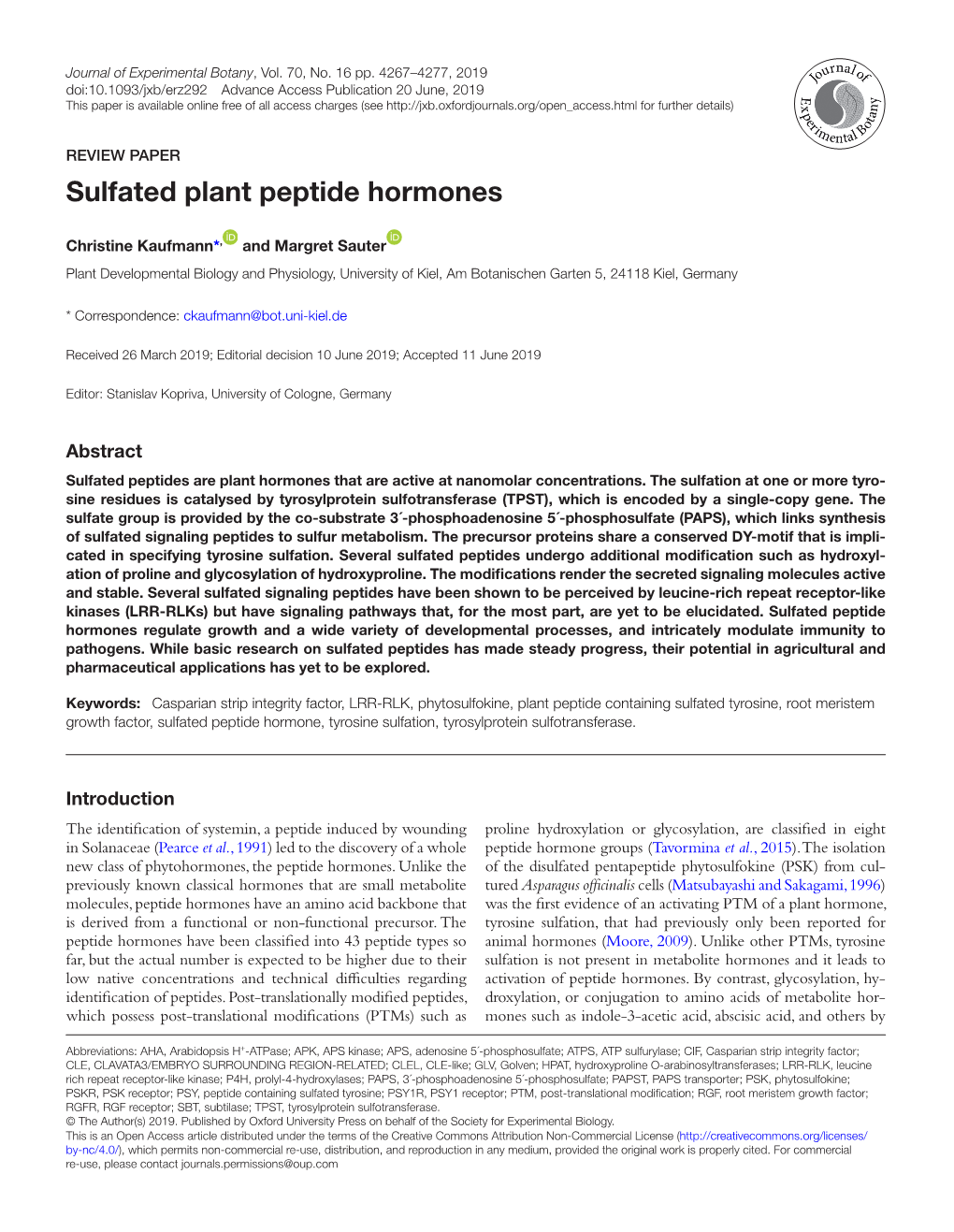 Sulfated Plant Peptide Hormones