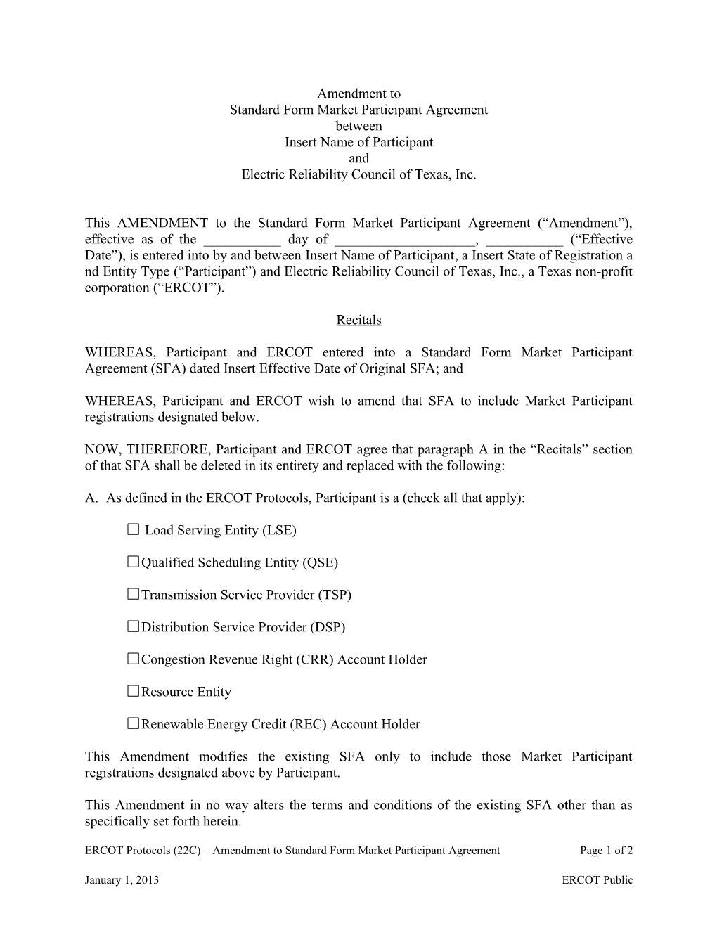 Standard Form Market Participant Agreement