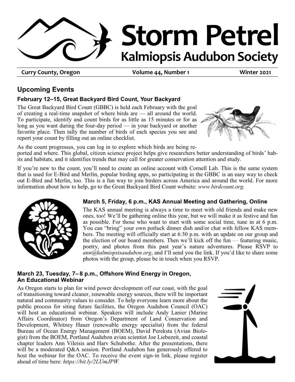 Storm Petrel Kalmiopsis Audubon Society Curry County, Oregon Volume 44, Number 1 Winter 2021