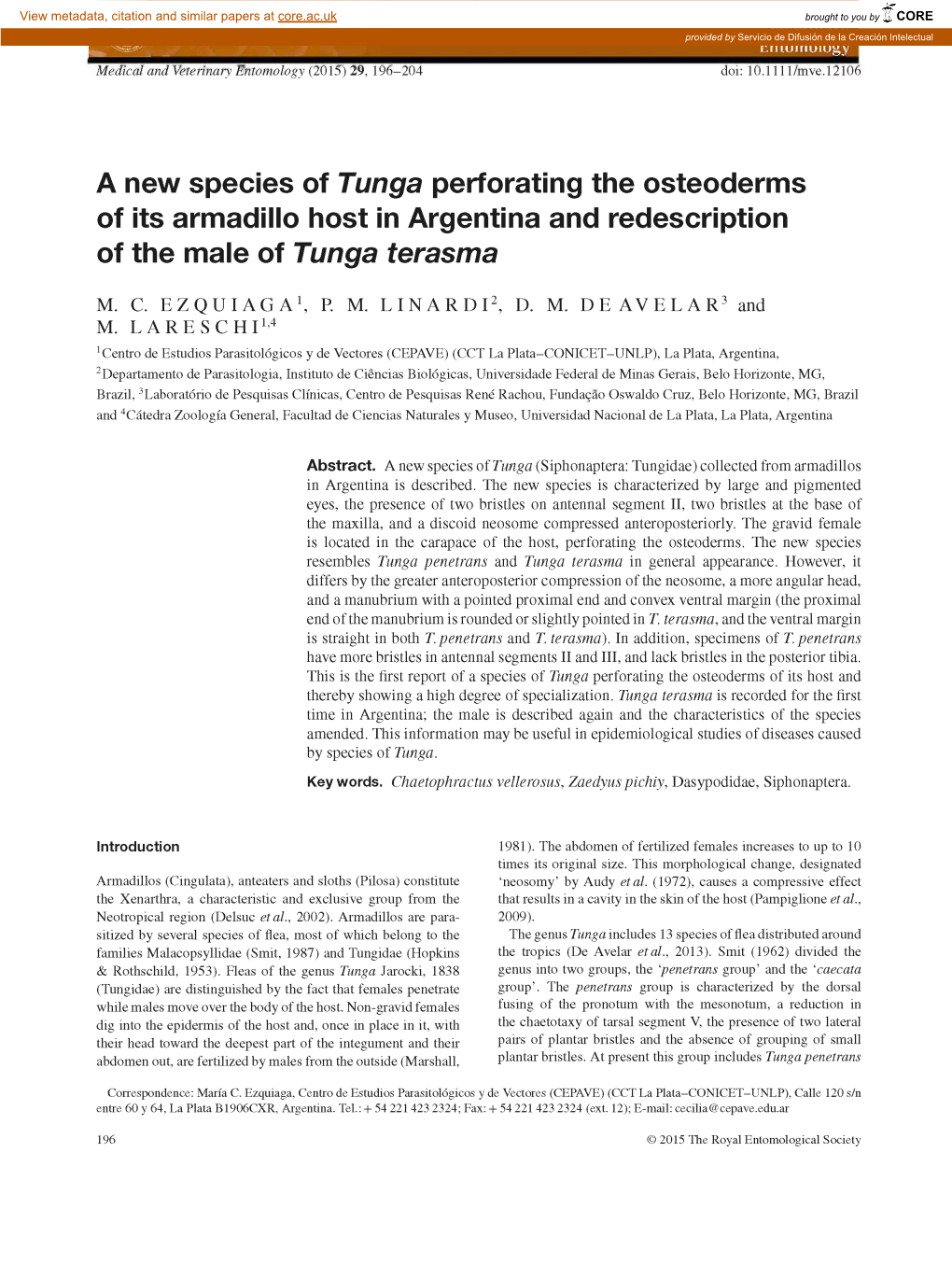 A New Species of Tunga Perforating the Osteoderms of Its Armadillo Host in Argentina and Redescription of the Male of Tunga Terasma