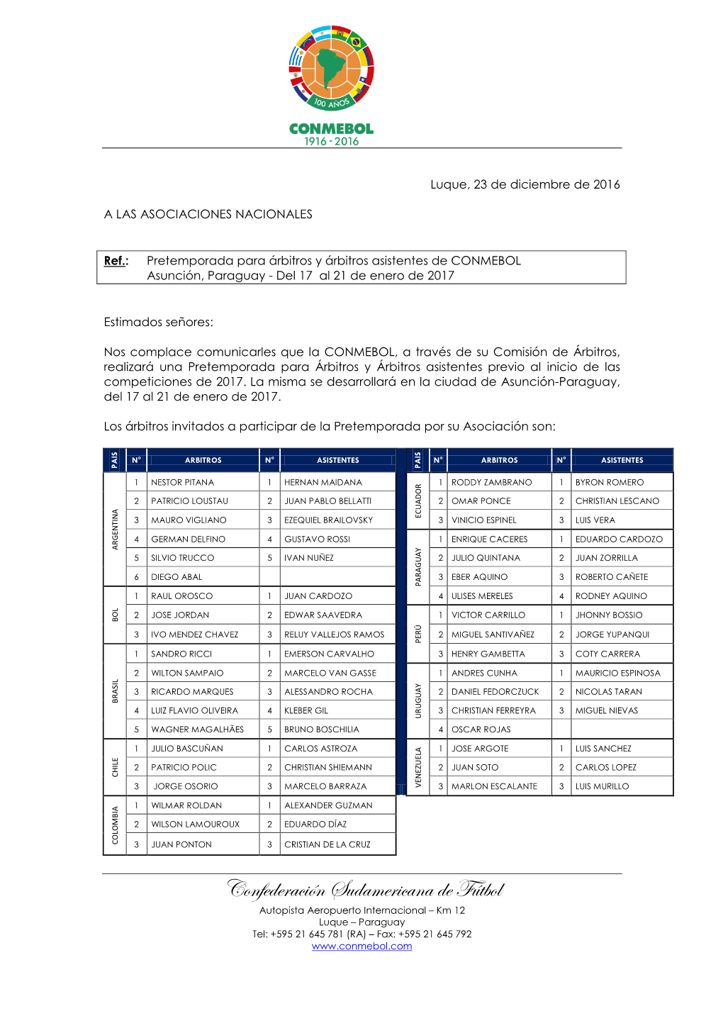 Confederación Sudamericana De Fútbol Autopista Aeropuerto Internacional – Km 12 Luque – Paraguay Tel: +595 21 645 781 (RA) – Fax: +595 21 645 792