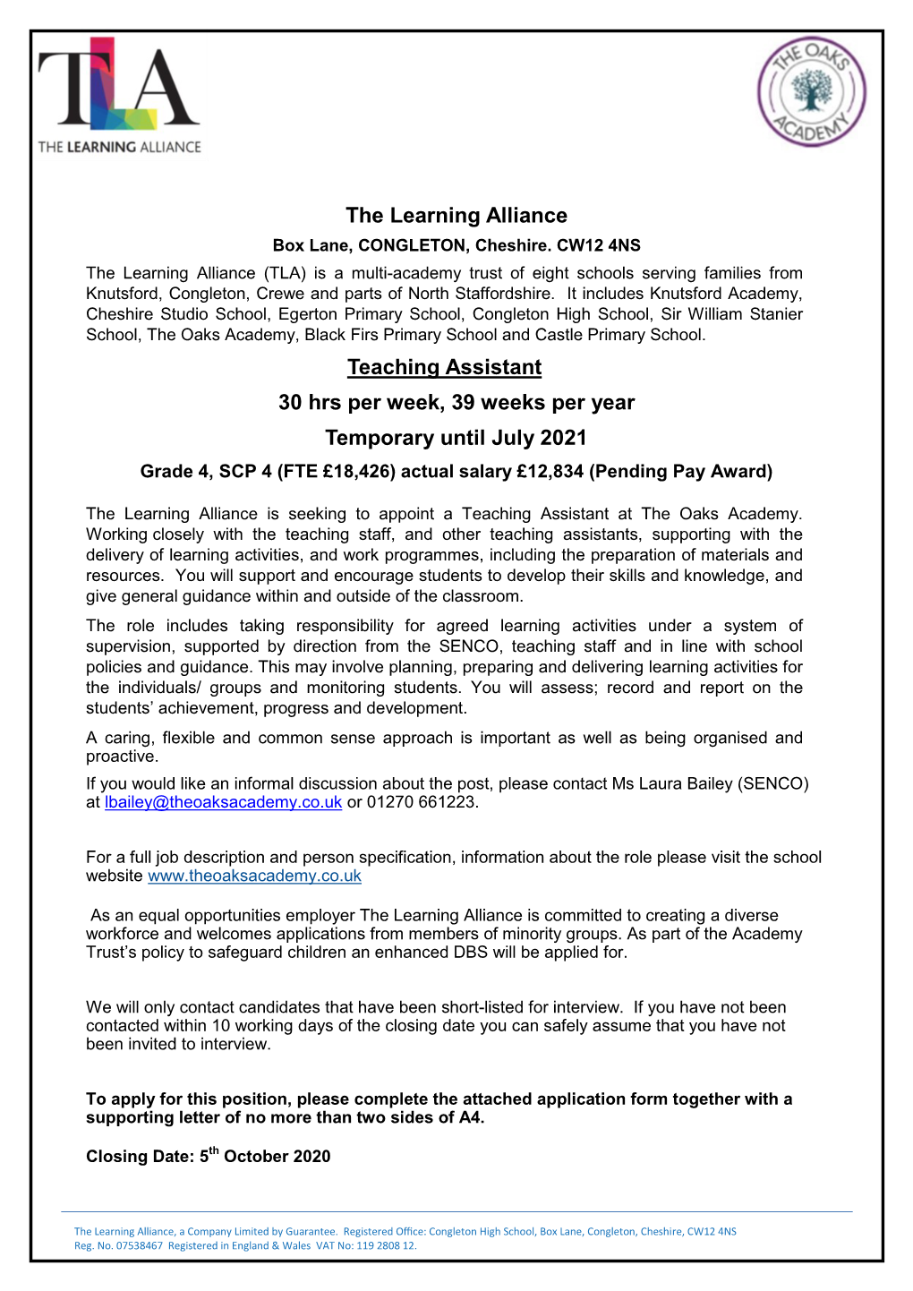 The Learning Alliance Teaching Assistant 30 Hrs Per Week, 39