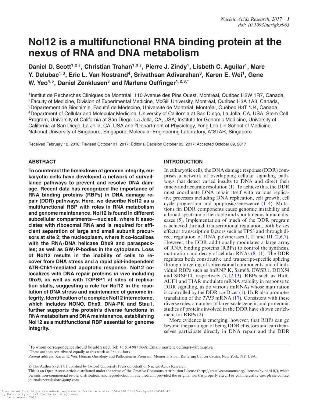 Nol12 Is a Multifunctional RNA Binding Protein at the Nexus of RNA and DNA Metabolism Daniel D