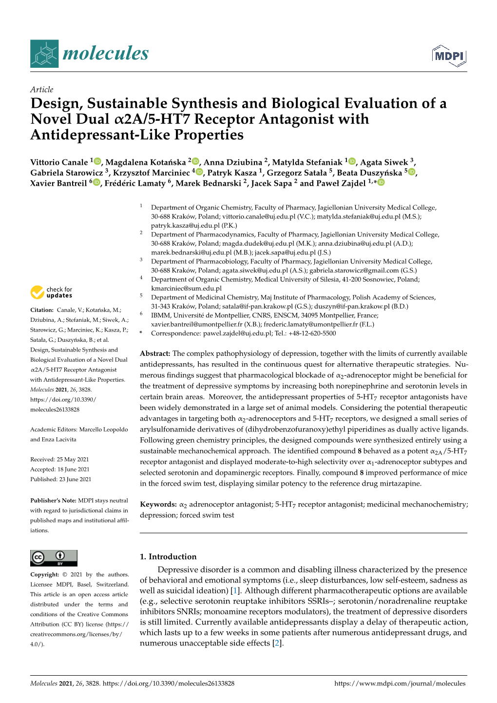 Design, Sustainable Synthesis and Biological Evaluation of a Novel Dual Α2a/5-HT7 Receptor Antagonist with Antidepressant-Like Properties