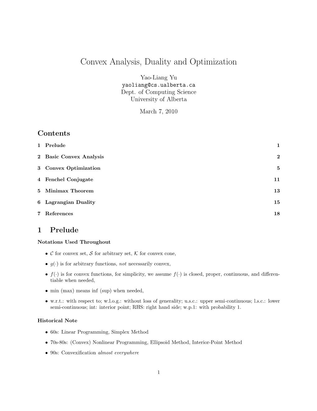 Convex Analysis, Duality and Optimization