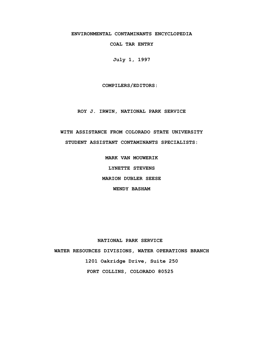 Coal Tar Environmental Hazard Summary