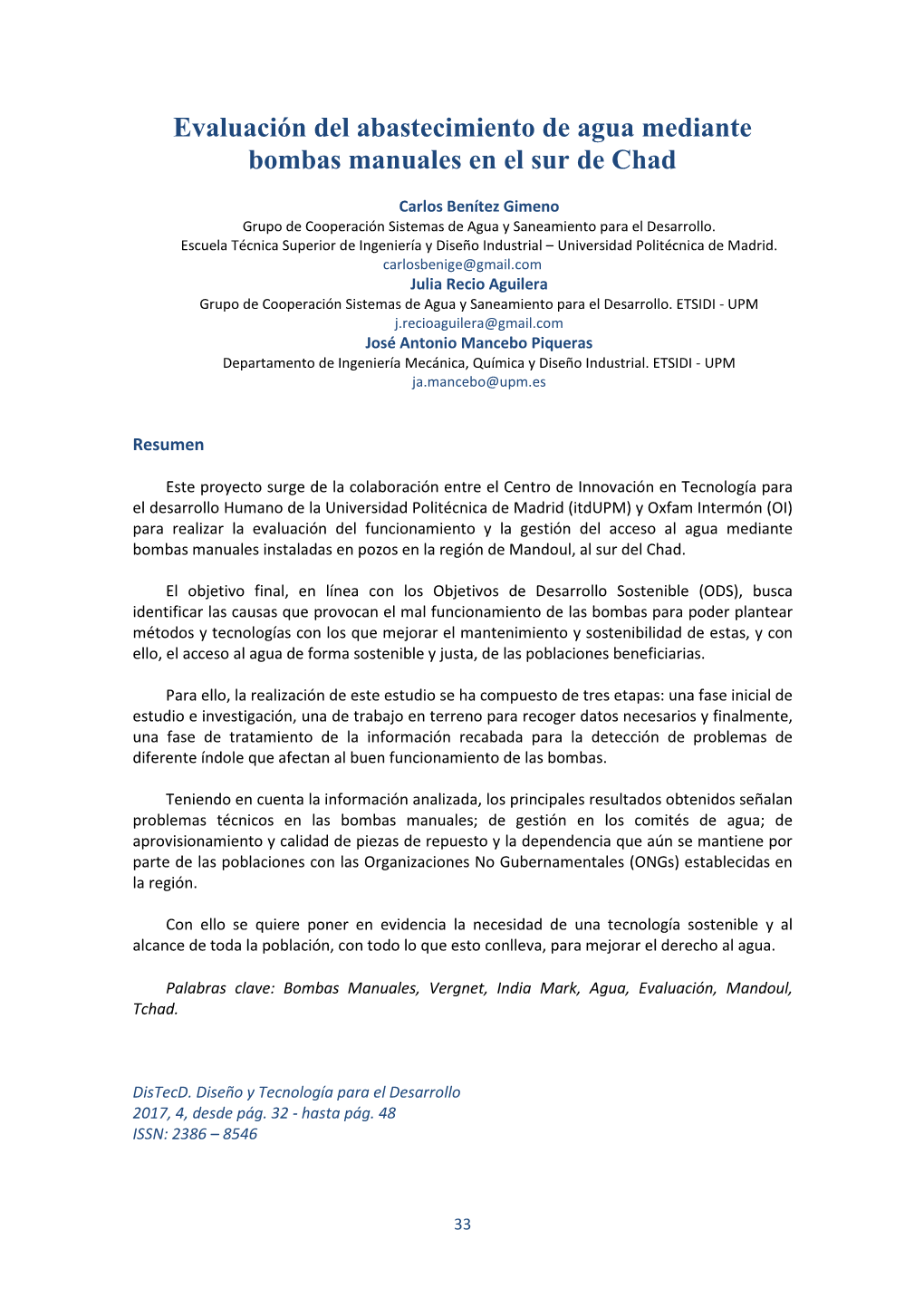 Evaluación Del Abastecimiento De Agua Mediante Bombas Manuales En El Sur De Chad