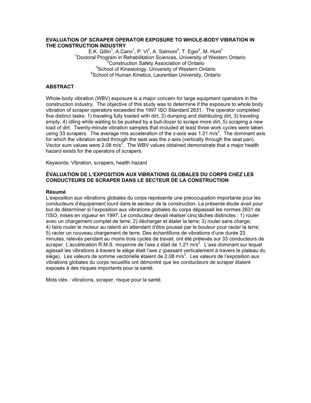 Evaluation of Scraper Operator Exposure to Whole-Body Vibration in the Construction Industry E.K