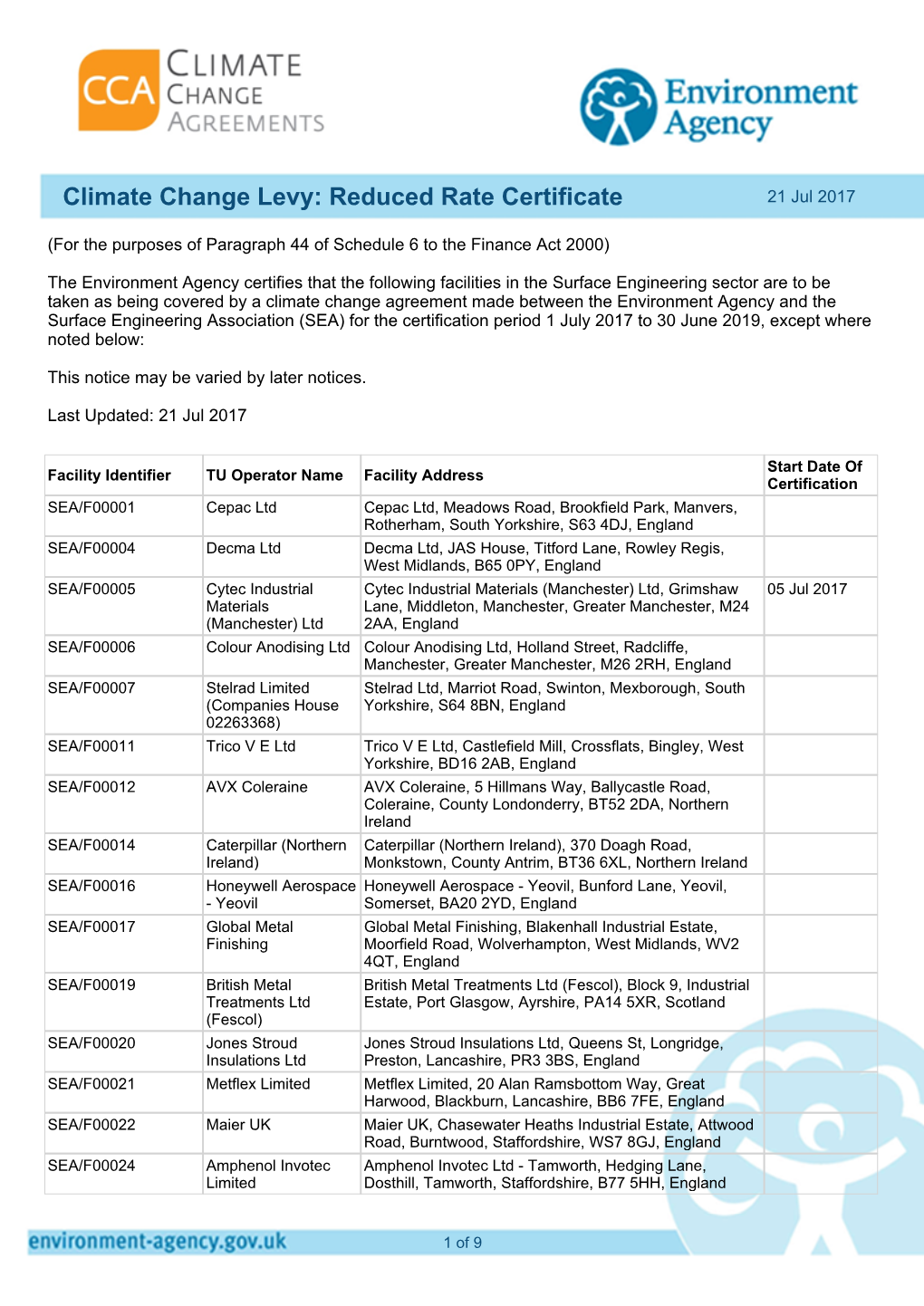 Climate Change Levy: Reduced Rate Certificate 21 Jul 2017