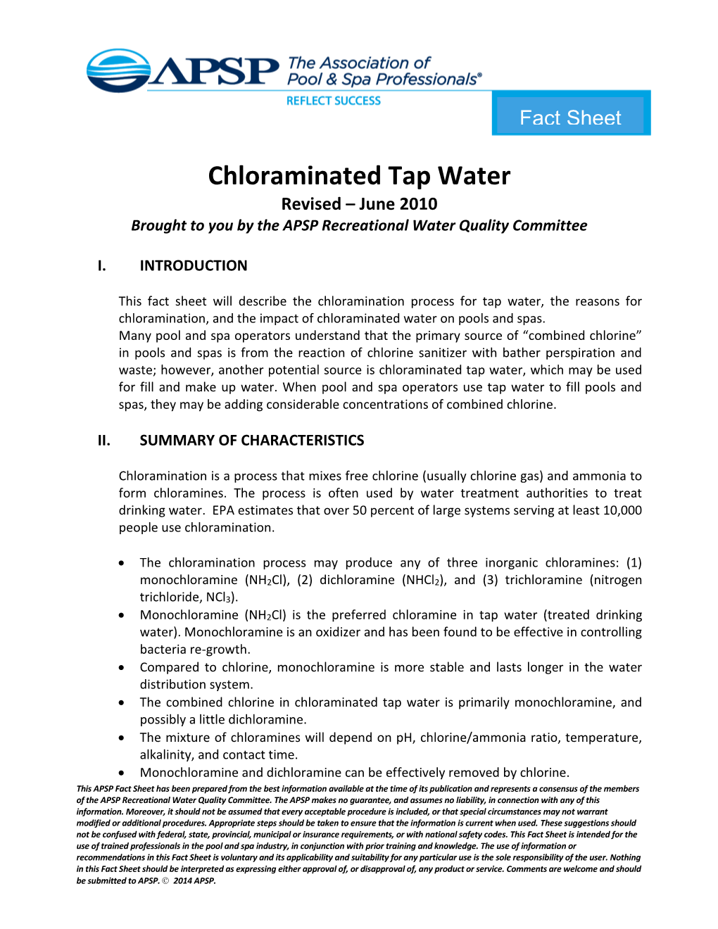 APSP Chloraminated Tap Water Fact Sheet