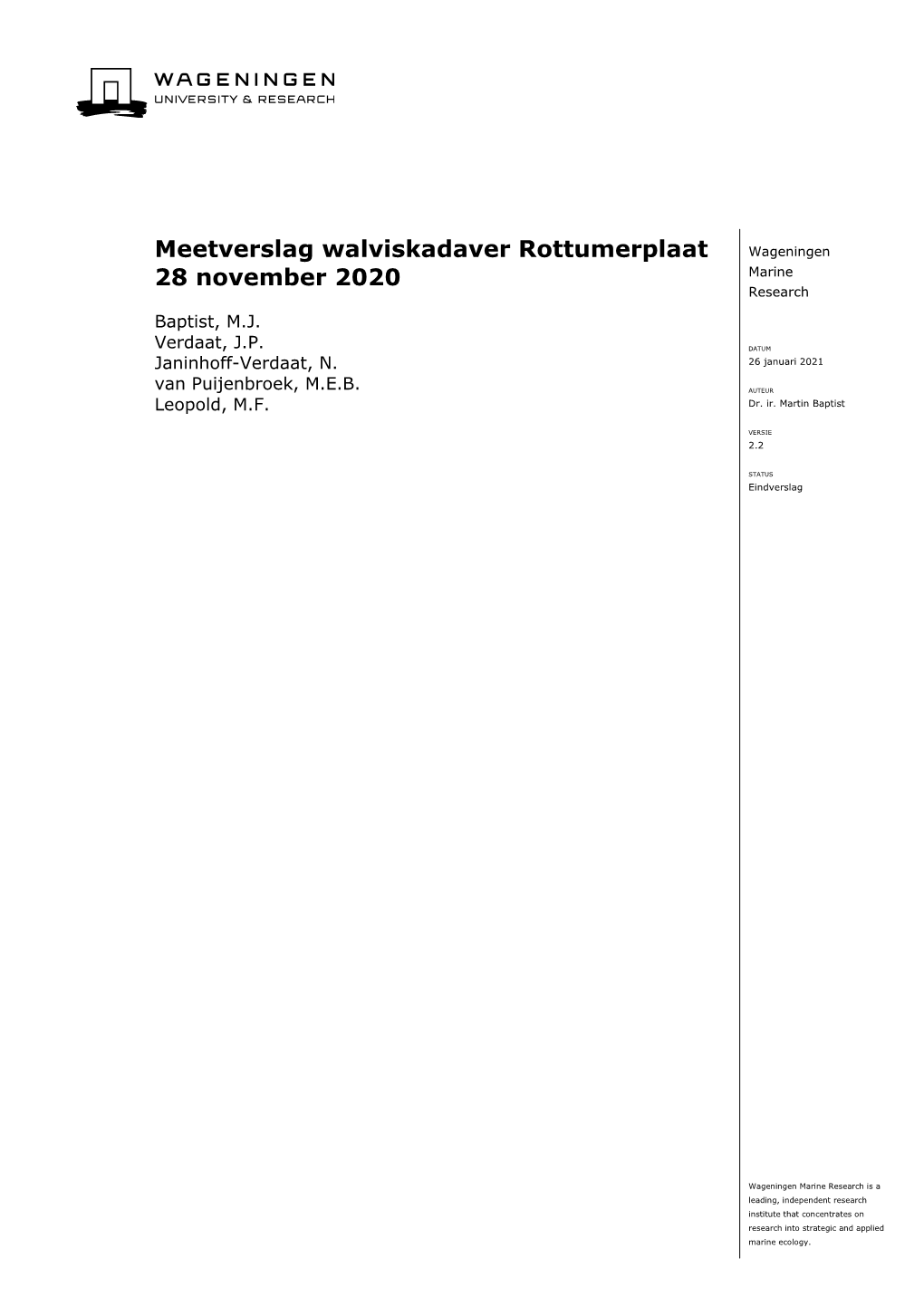 Meetverslag Walviskadaver Rottumerplaat 28 November 2020 3 Van 23