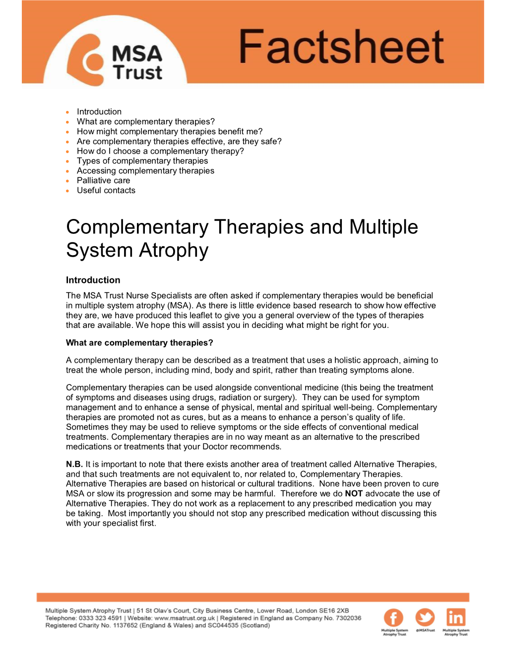 Complementary Therapies and Multiple System Atrophy