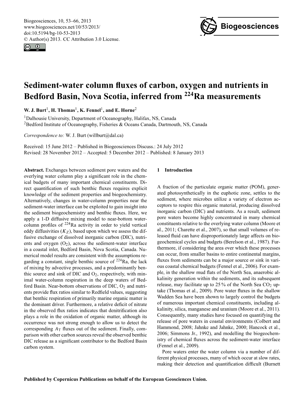 Sediment-Water Column Fluxes of Carbon, Oxygen and Nutrients In