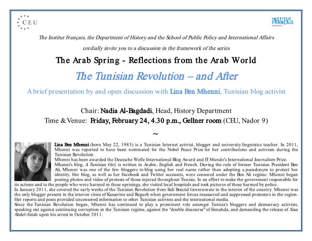 The Tunisian Revolution – and After a Brief Presentation by and Open Discussion with Lina Ben Mhenni, Tunisian Blog Activist