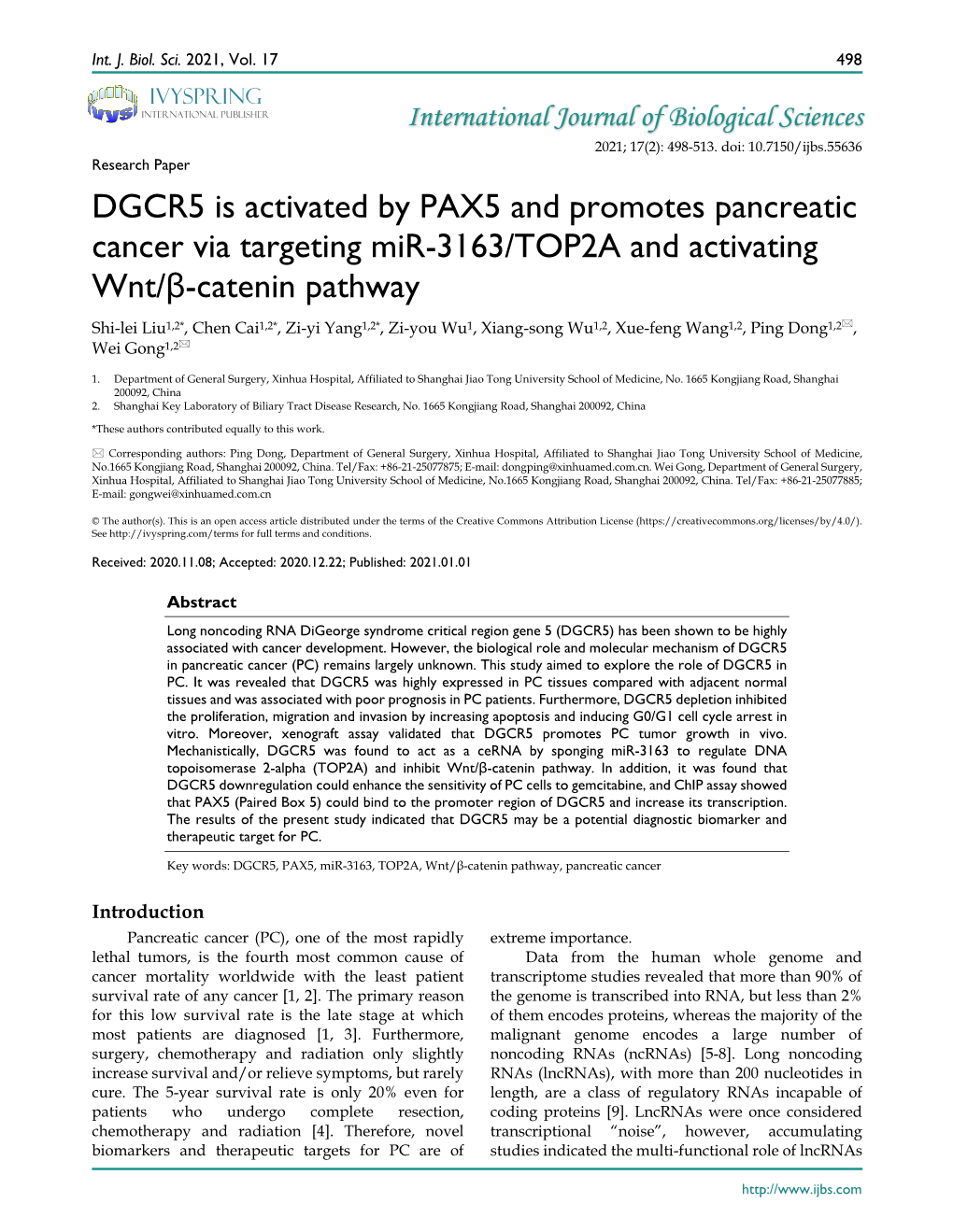 DGCR5 Is Activated by PAX5 and Promotes Pancreatic Cancer Via