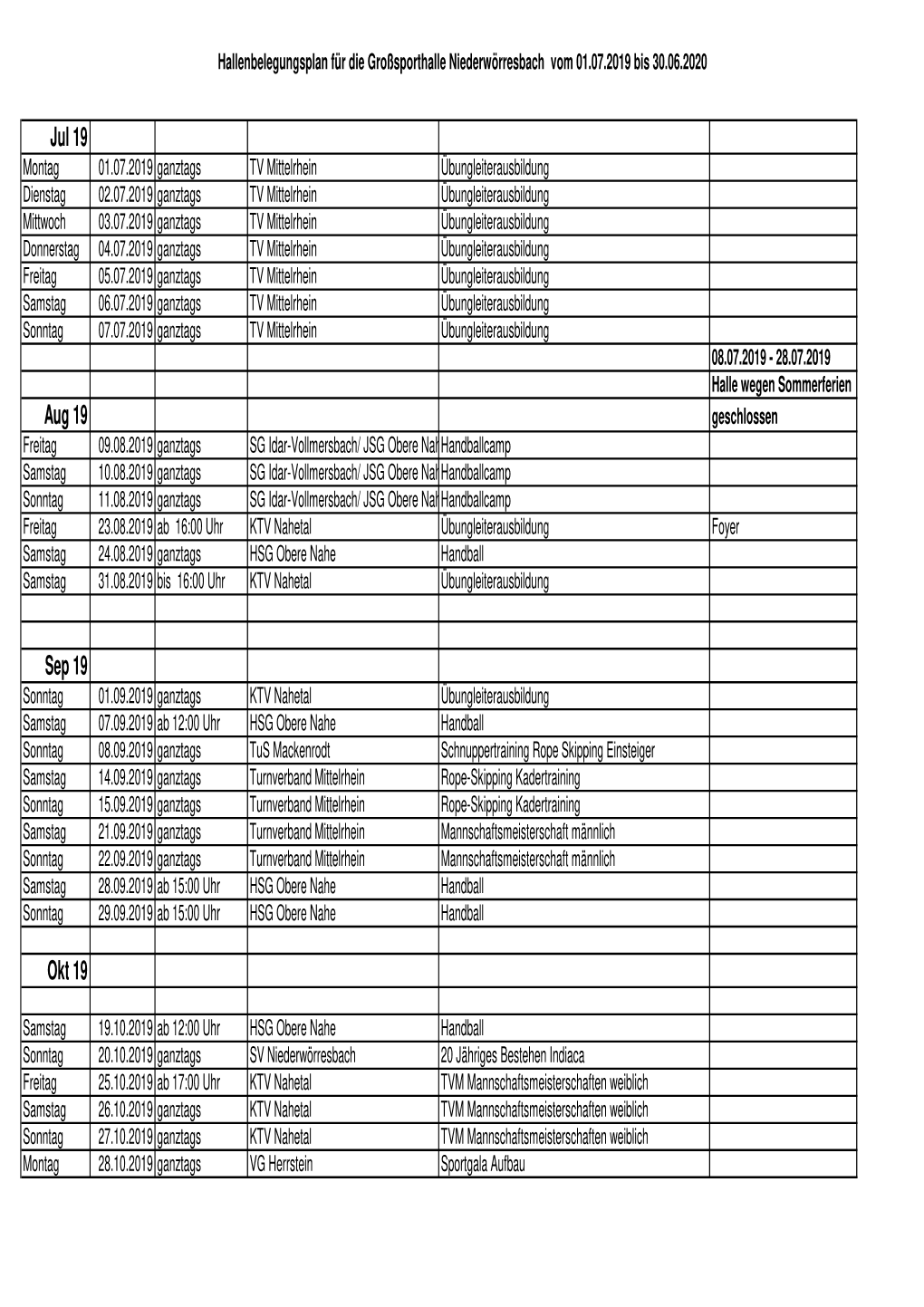 Hallenbelegungsplan Für Die Großsporthalle Niederwörresbach 2019-2020