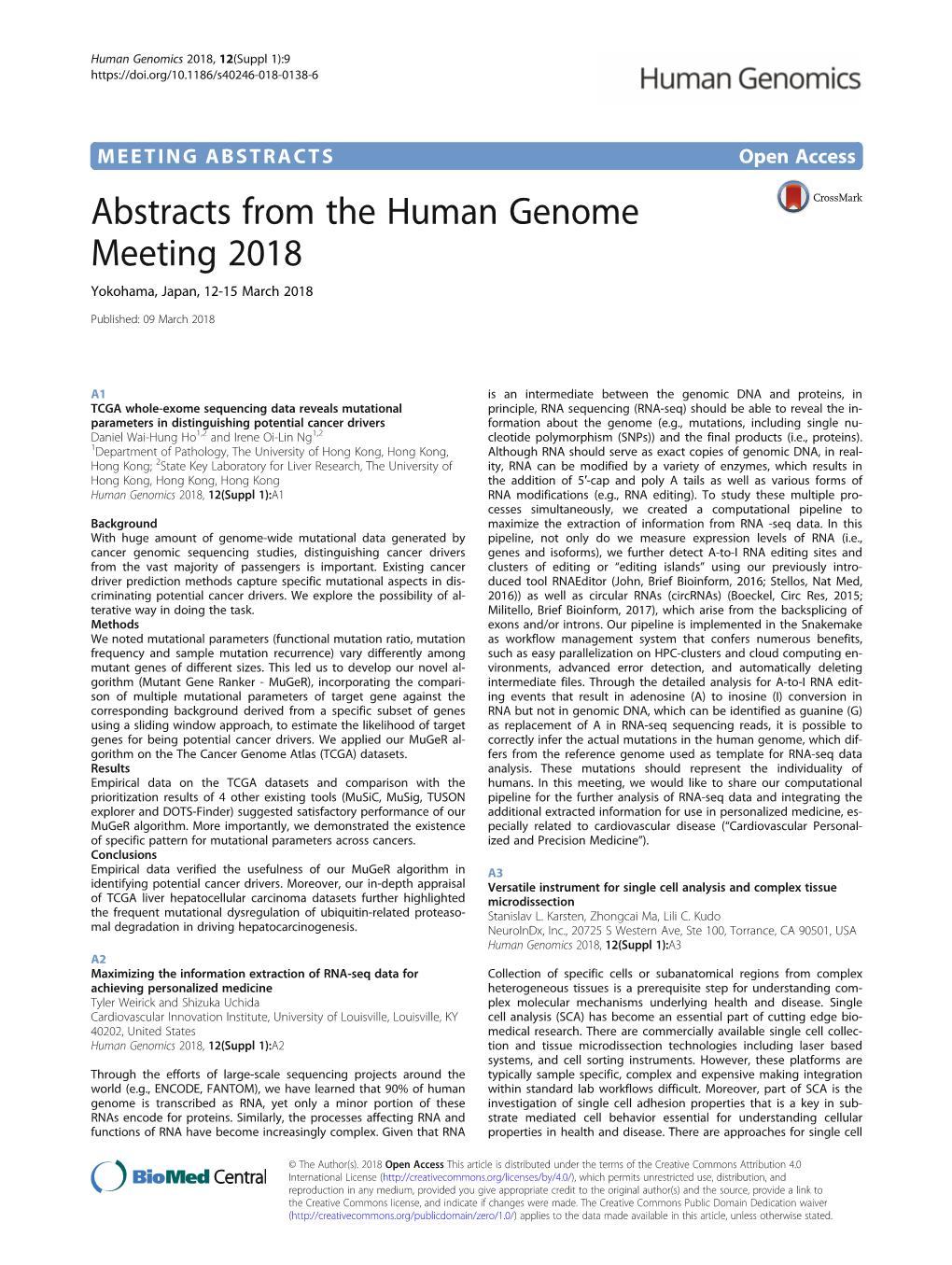 Abstracts from the Human Genome Meeting 2018 Yokohama, Japan, 12-15 March 2018