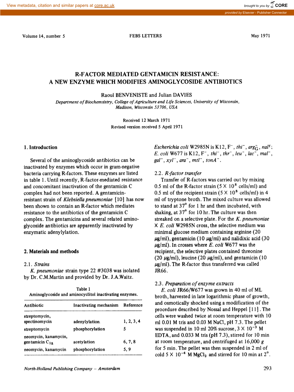 R-Factor Mediated Gentamicin Resistance: a New Enzyme Which Modifies Aminoglycoside Antibiotics