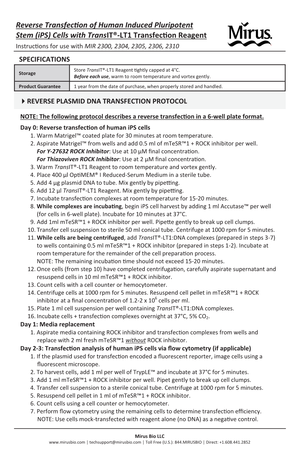 Transit®-LT1 for Ipsc Reverse Transfection