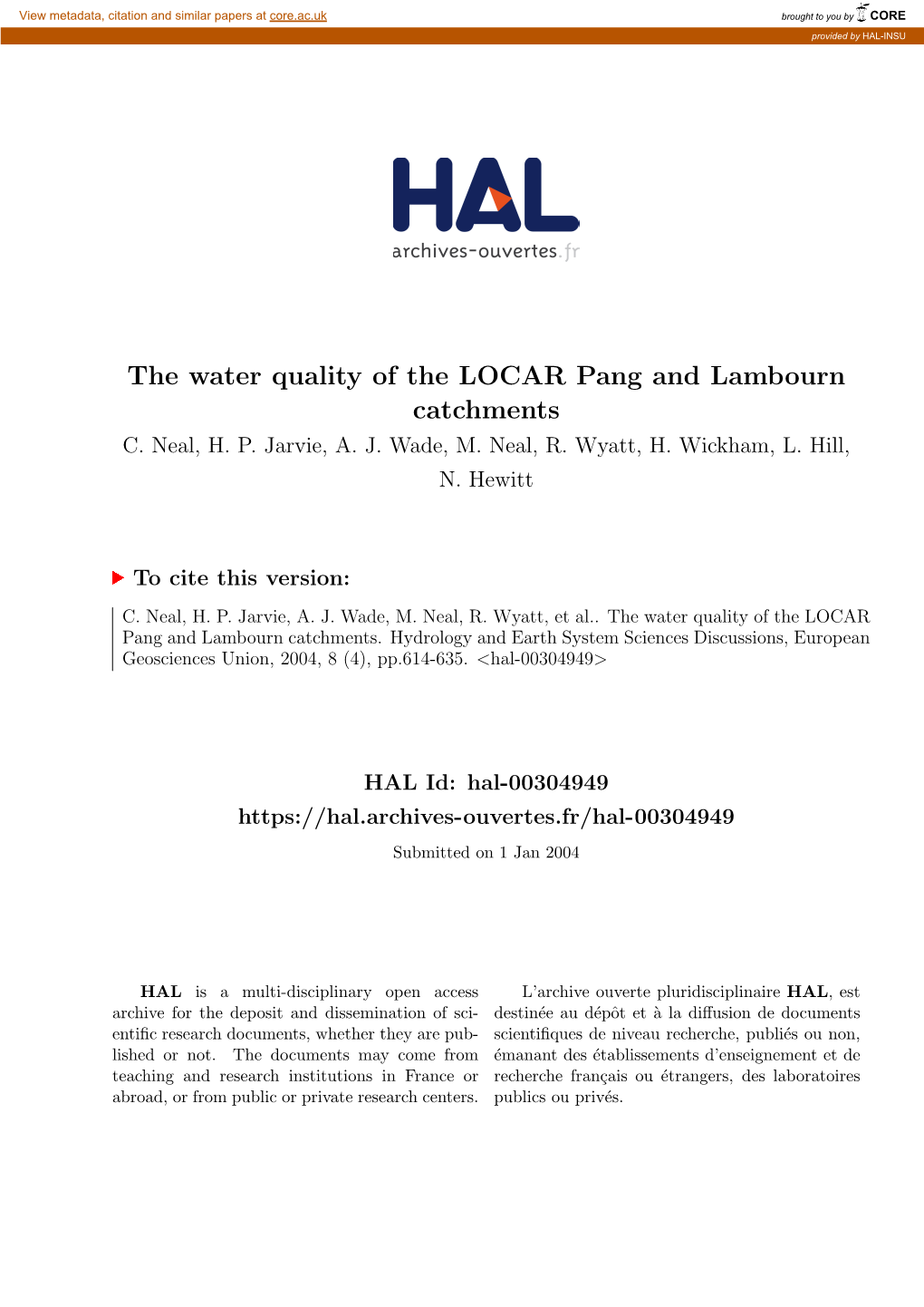 The Water Quality of the LOCAR Pang and Lambourn Catchments C
