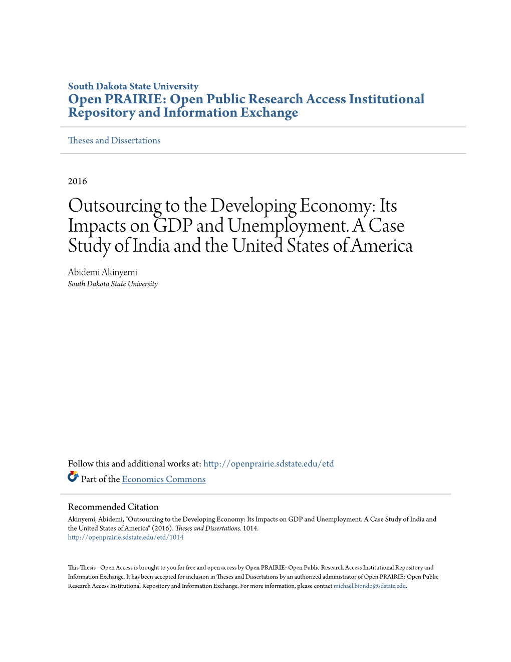 Outsourcing to the Developing Economy: Its Impacts on GDP and Unemployment. a Case Study of India and the United States of Ameri