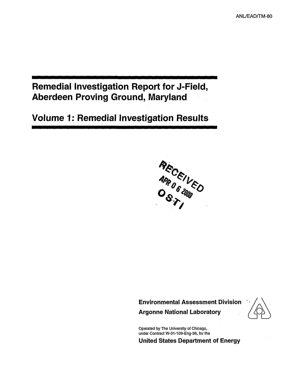 Remedial Investigation Report for J-Field, Aberdeen Proving Ground, Maryland