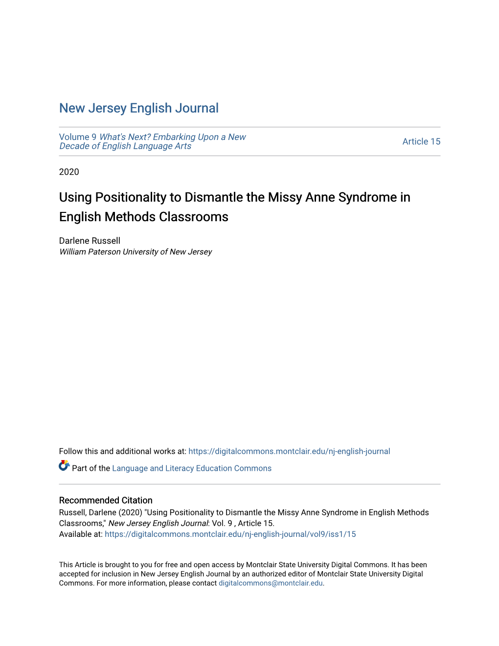 Using Positionality to Dismantle the Missy Anne Syndrome in English Methods Classrooms