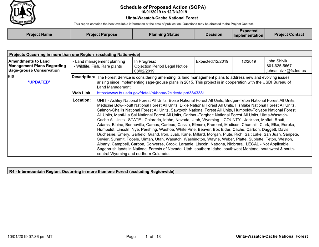 Uinta-Wasatch-Cache National Forest This Report Contains the Best Available Information at the Time of Publication