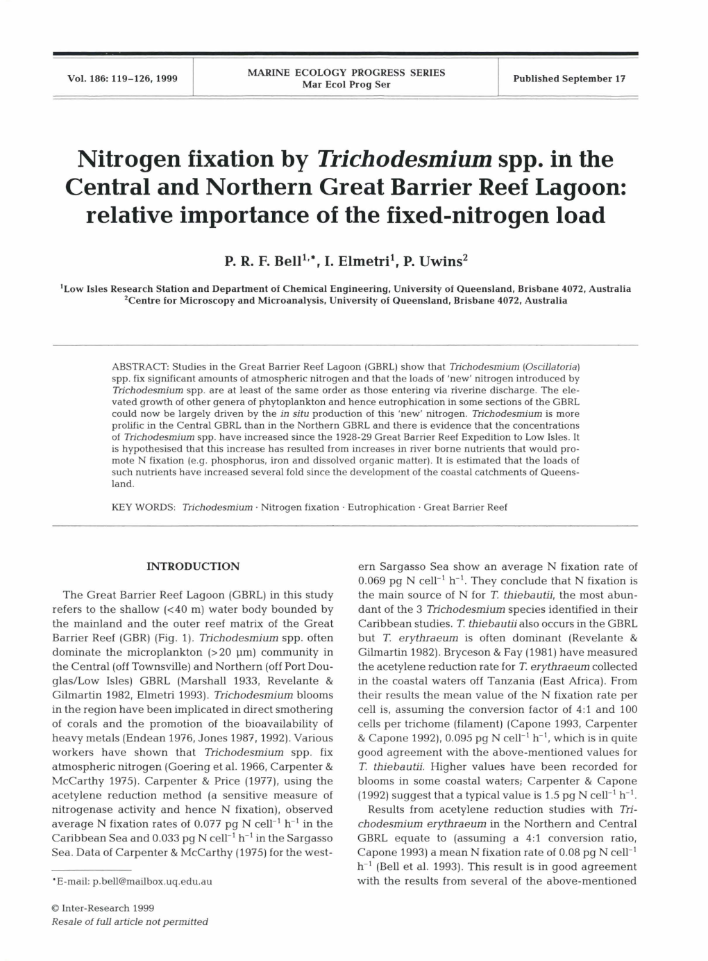 Nitrogen Fixation by Trichodesmium Spp. in the Central and Northern Great Barrier Reef Lagoon: Relative Importance of the Fixed-Nitrogen Load