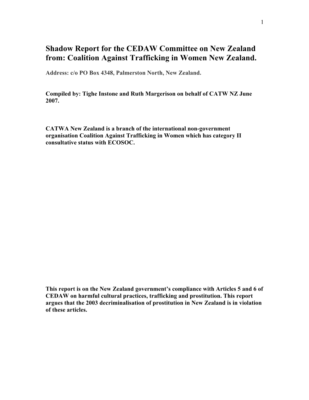 Shadow Report for the CEDAW Committee on New Zealand. 2007