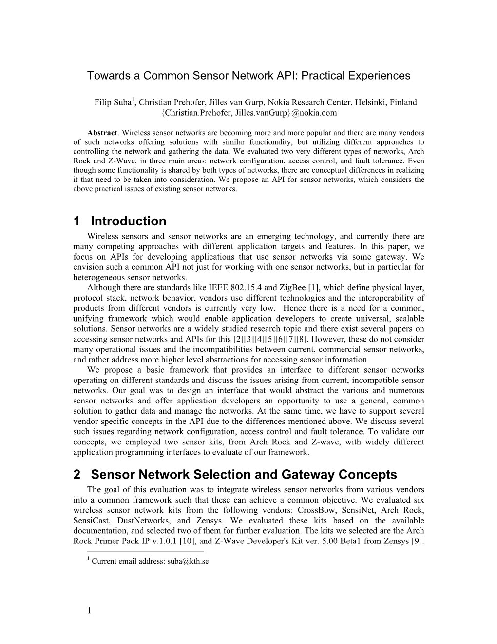 1 Introduction 2 Sensor Network Selection and Gateway Concepts