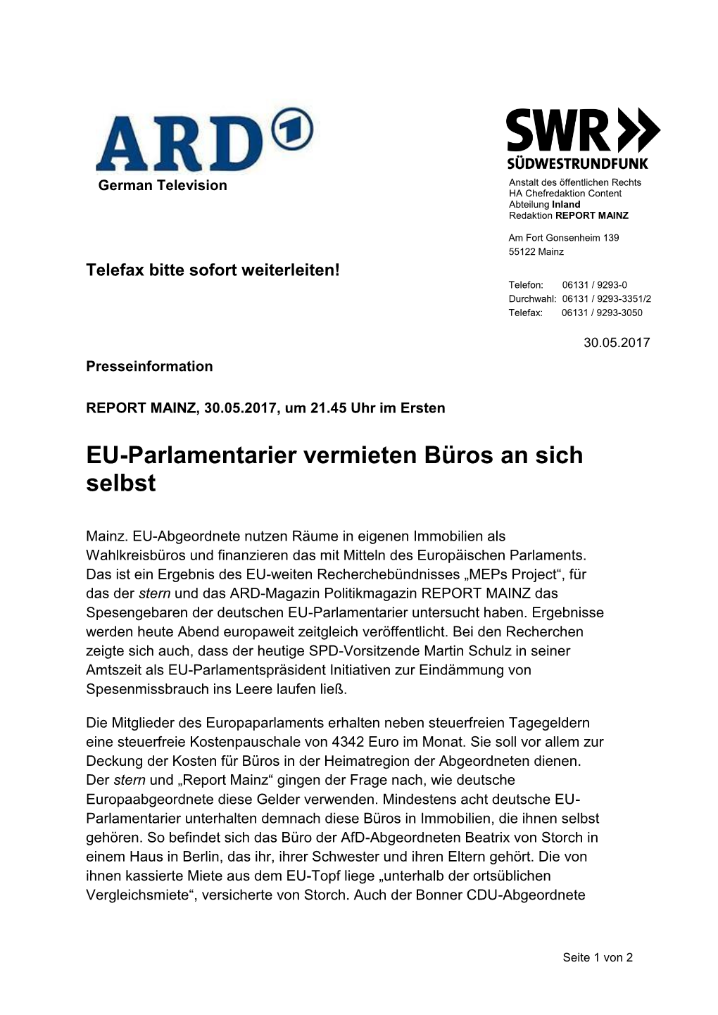 EU-Parlamentarier Vermieten Büros an Sich Selbst