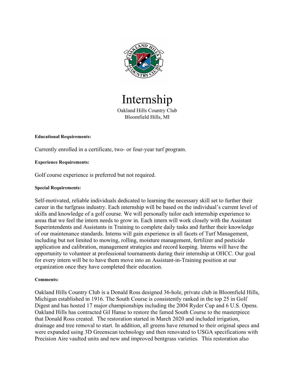 Internship Oakland Hills Country Club Bloomfield Hills, MI