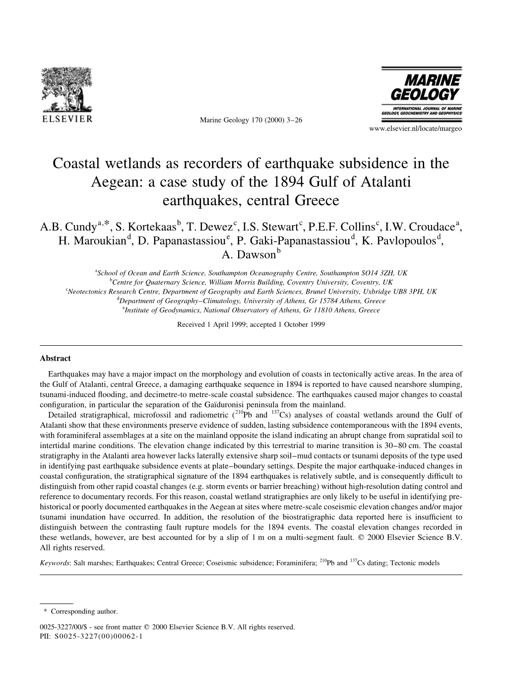 Coastal Wetlands As Recorders of Earthquake Subsidence in the Aegean: a Case Study of the 1894 Gulf of Atalanti Earthquakes, Central Greece