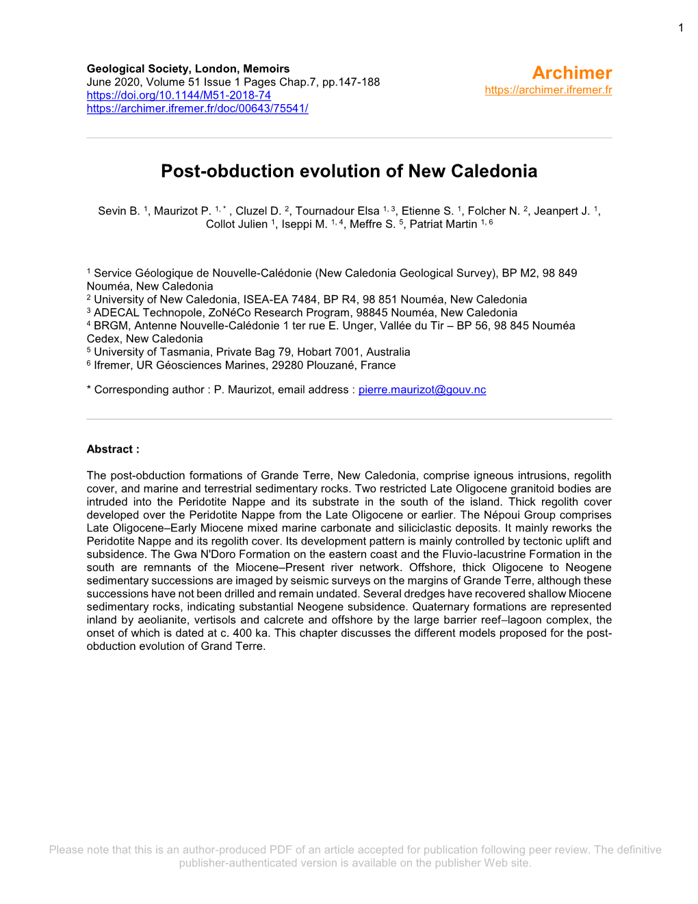 Post-Obduction Evolution of New Caledonia