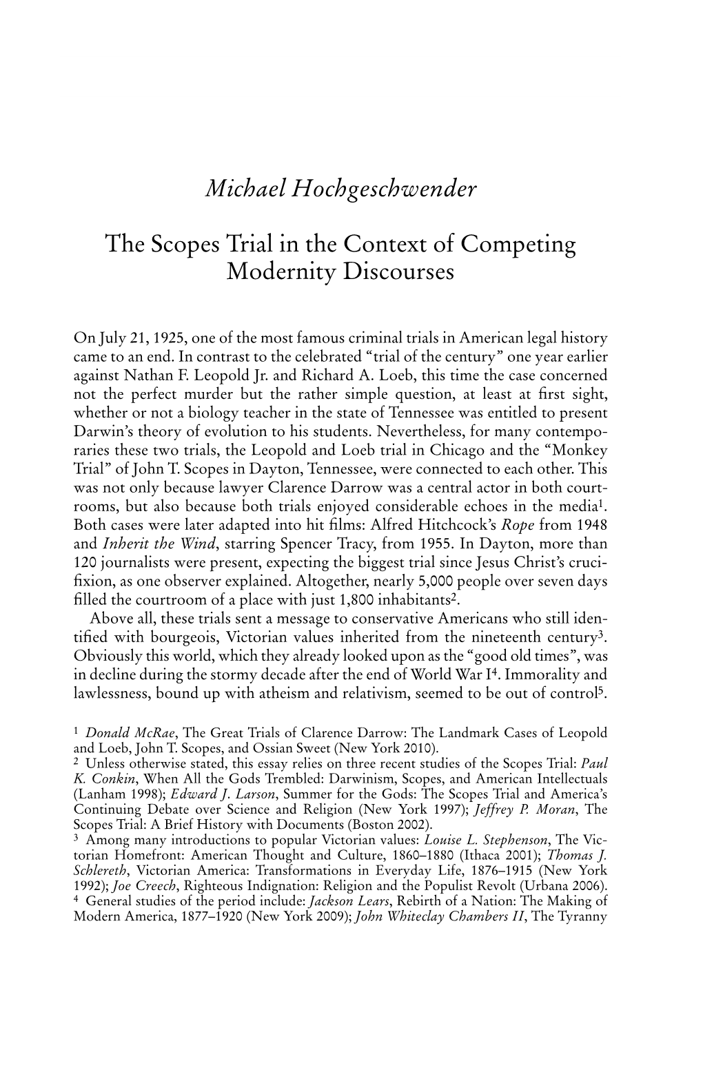 Michael Hochgeschwender the Scopes Trial in the Context of Competing Modernity Discourses